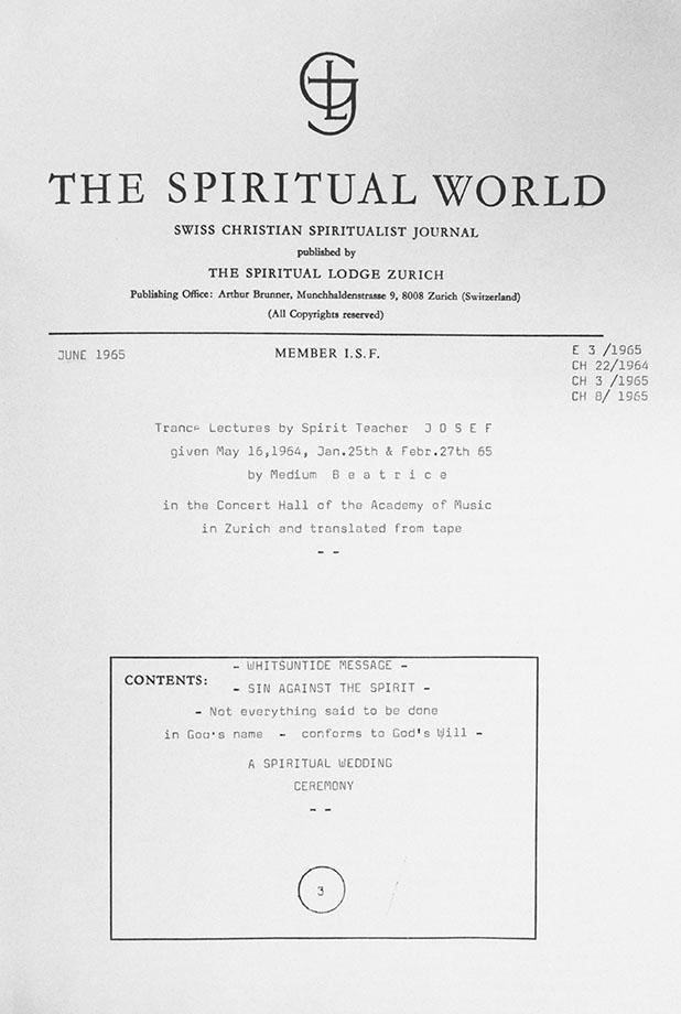 Cover einer Ausgabe der englischsprachigen Zeitschrift The Spiritual World von 1965 von Medium Beatrice Brunner