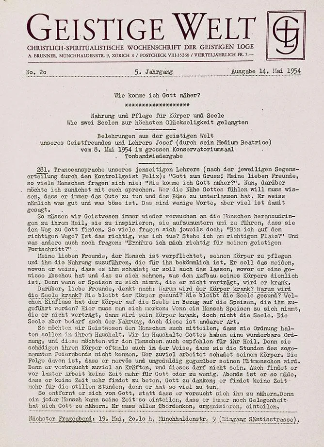 An issue of the journal Geistige Welt from 1954 by medium Beatrice Brunner, with lectures given by spirit-teacher Joseph